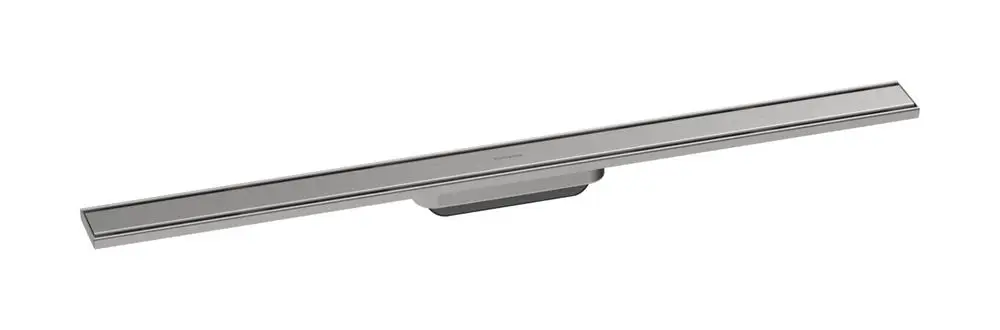 Edelstahl-Duschrinne von Hansgrohe mit flachen, geraden Linien. Das Design ermöglicht einen nahtlosen Übergang im Badezimmer. Ideal für die Integration in moderne Duschanlagen.